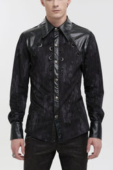 Black Ribbed Metal Chain Hand-Painted Velveteen Paneled Leather Men's Punk Shirt